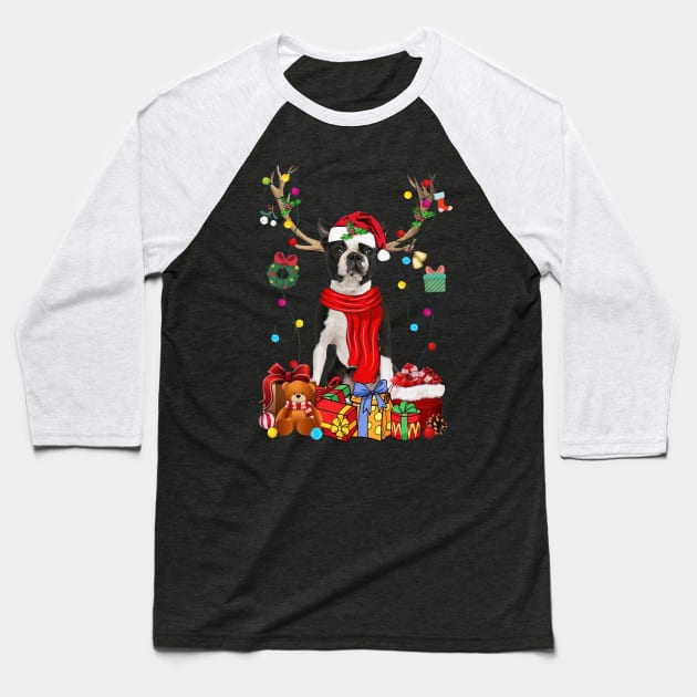 Black Boston Terrier Reindeer Santa Christmas Color Lights Baseball T-Shirt by cogemma.art